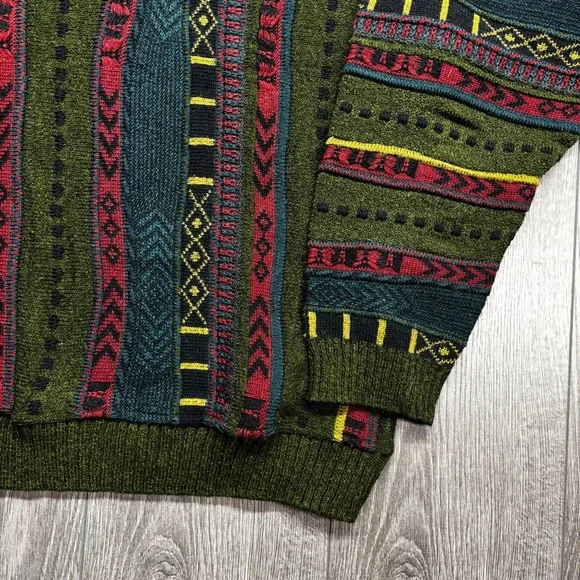 Hyde Park Mens Vintage 3D Knit Sweater V-Neck Green Red Striped 3D Style L - Picture 2 of 8